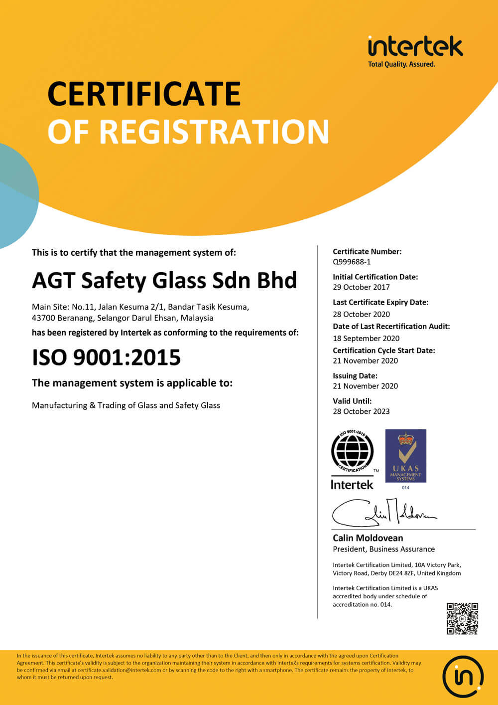 Intertek Certificate of registration ISO 9001:2015 Intertek Certificate of registration ISO 9001:2015